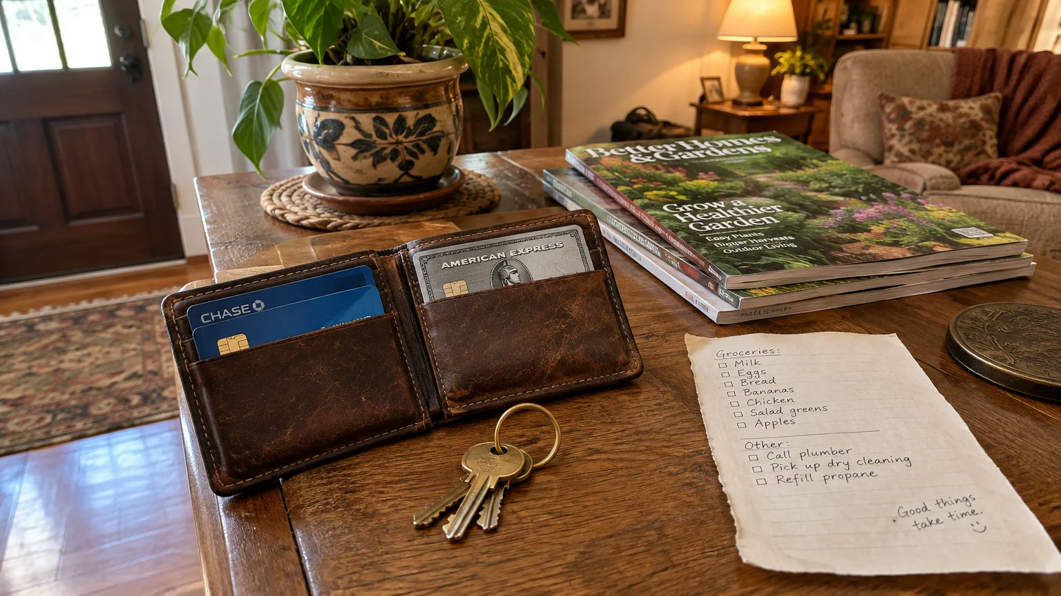 Leather wallet with credit cards, keys, and a handwritten grocery list sitting on a wooden coffee table.
