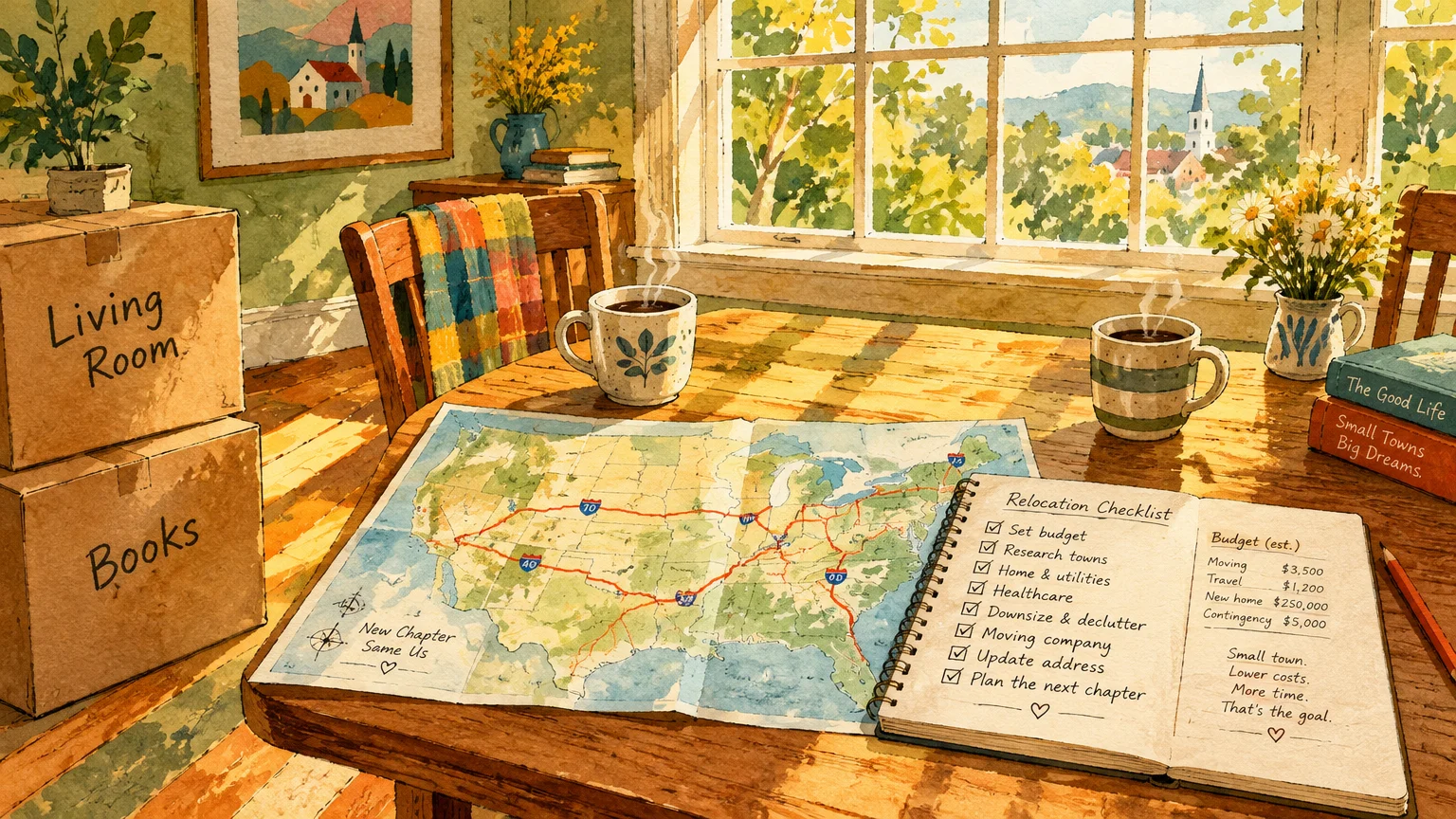 Watercolor illustration of a table with a US map, relocation checklist notebook, coffee mugs, and packed moving boxes.