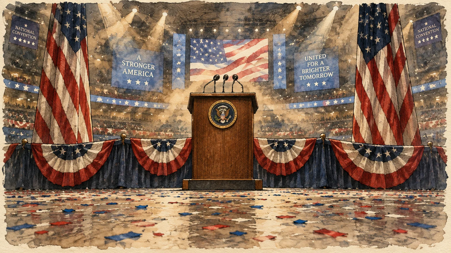Watercolor illustration of an empty presidential podium on an arena stage decorated with American flags, bunting, and confetti.