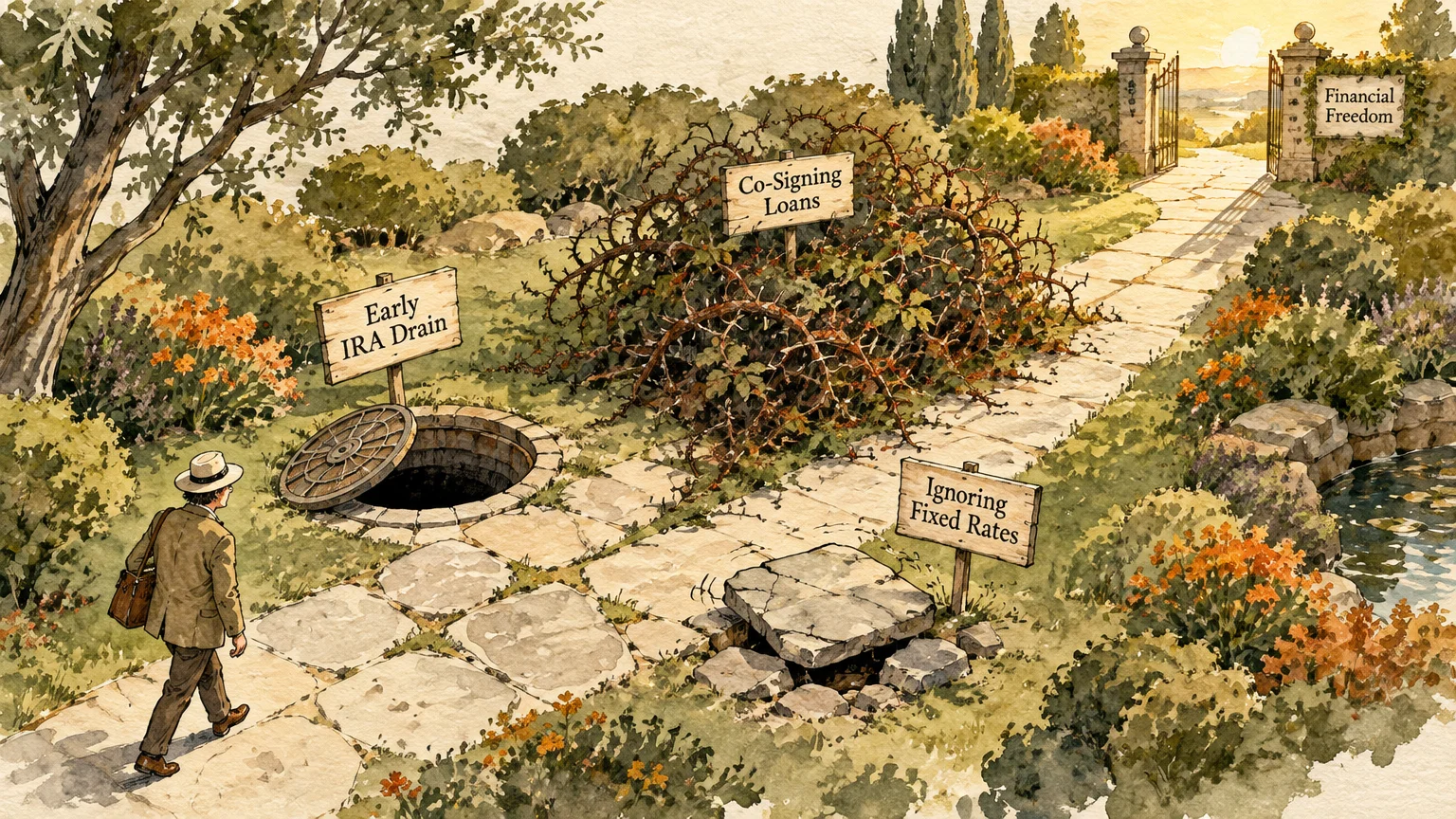 Illustration of a man walking a garden path with labeled hazards toward a gate marked Financial Freedom.