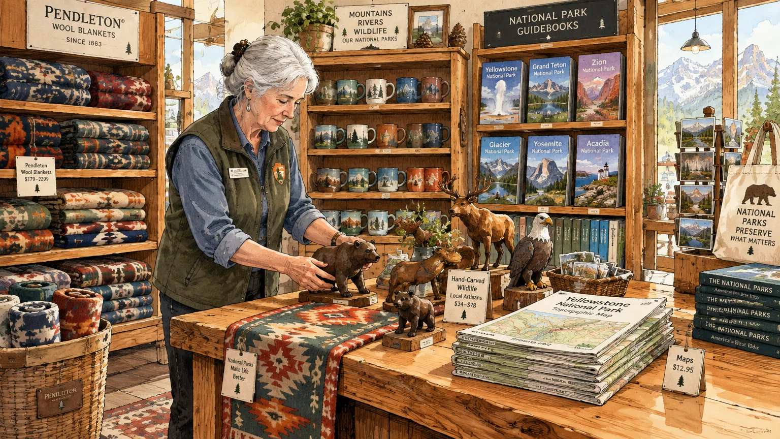 Illustration of an older woman arranging carved wooden animal figures in a national park gift shop filled with souvenirs.