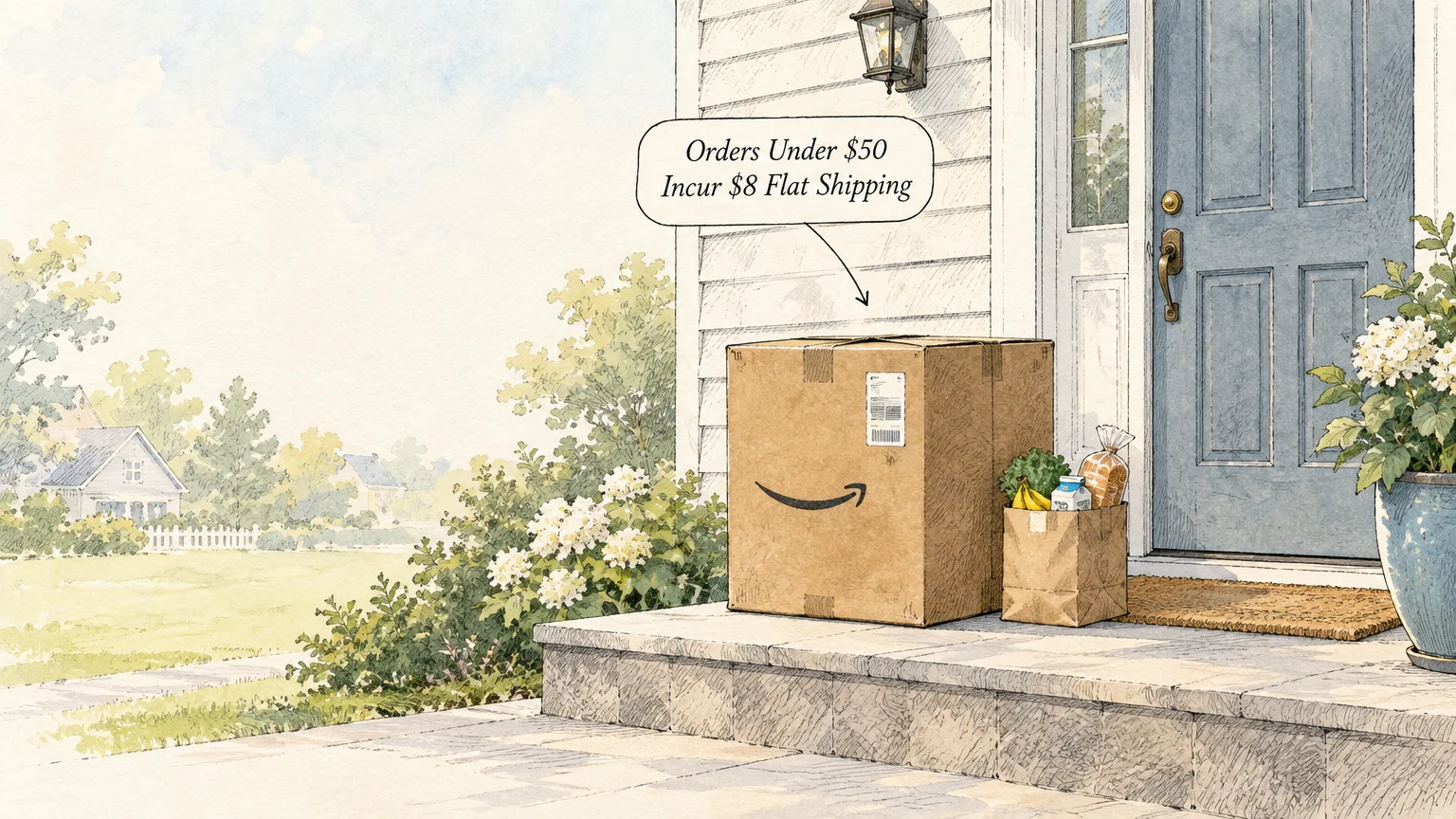 Watercolor illustration of a cardboard delivery box and grocery bag on a porch beside a blue front door.