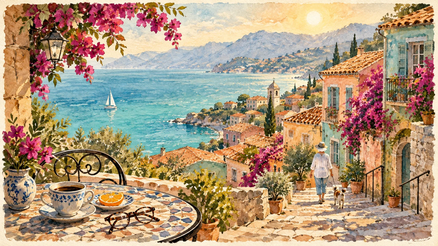 Watercolor illustration of a Mediterranean coastal village terrace with a coffee cup overlooking the sea and a person walking a dog.