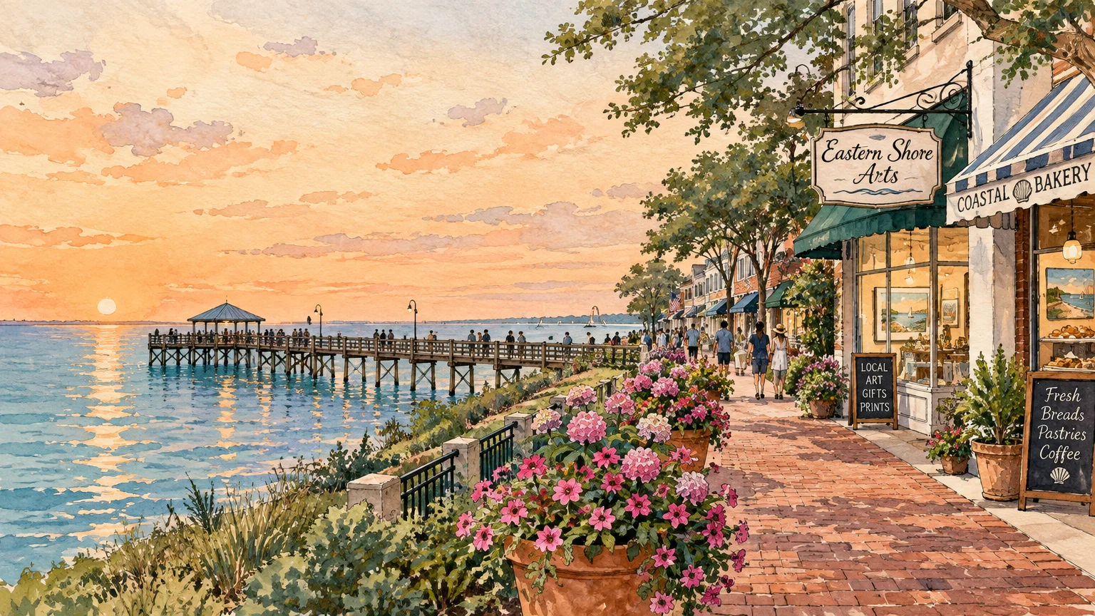 Watercolor illustration of a coastal town pier at sunset alongside a brick walkway lined with flowers and storefronts.