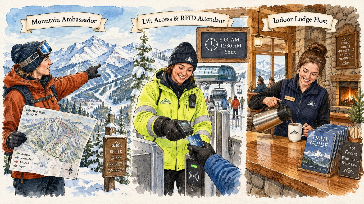 Three panels showing ski resort jobs: a mountain ambassador with a map, a lift ticket attendant, and an indoor lodge host.