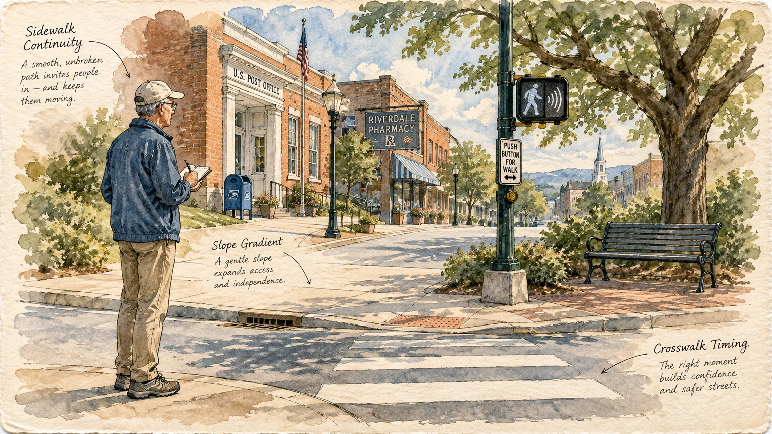 Watercolor illustration of a man with a notepad inspecting a town crosswalk near a post office, with explanatory annotations.