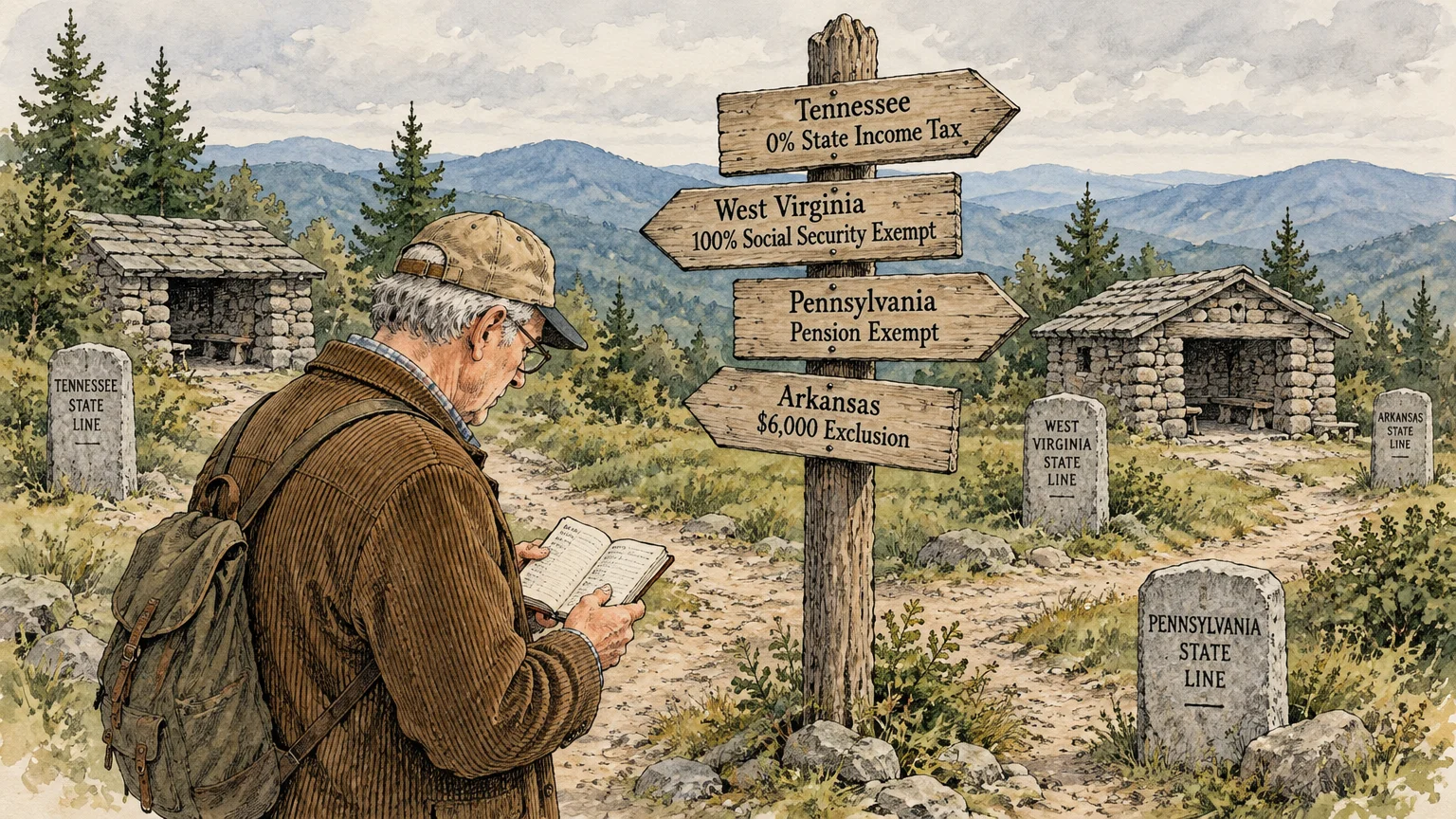 Illustration of a hiker reading a notebook at a mountain trail crossroads with signs listing state tax rules.