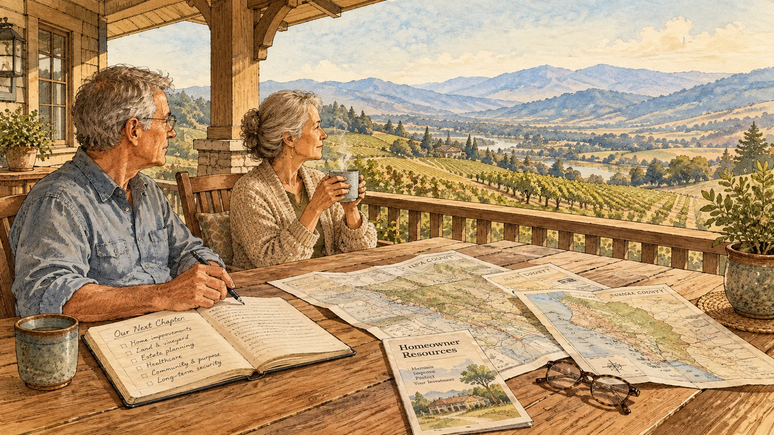 Watercolor illustration of an older couple on a wooden porch reviewing maps and a notebook overlooking a vineyard valley.