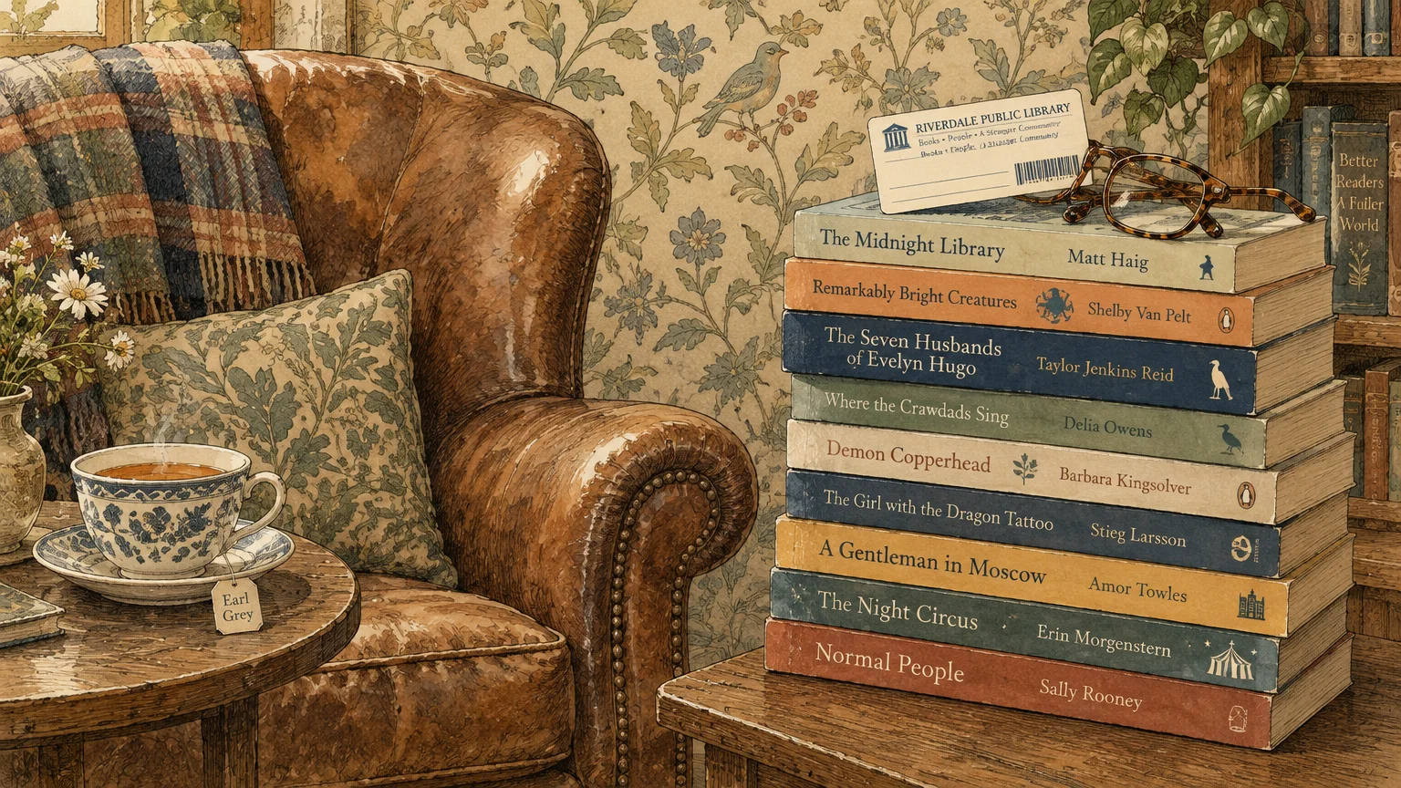Illustration of a leather armchair beside a teacup and a stack of books topped with glasses and a library card.