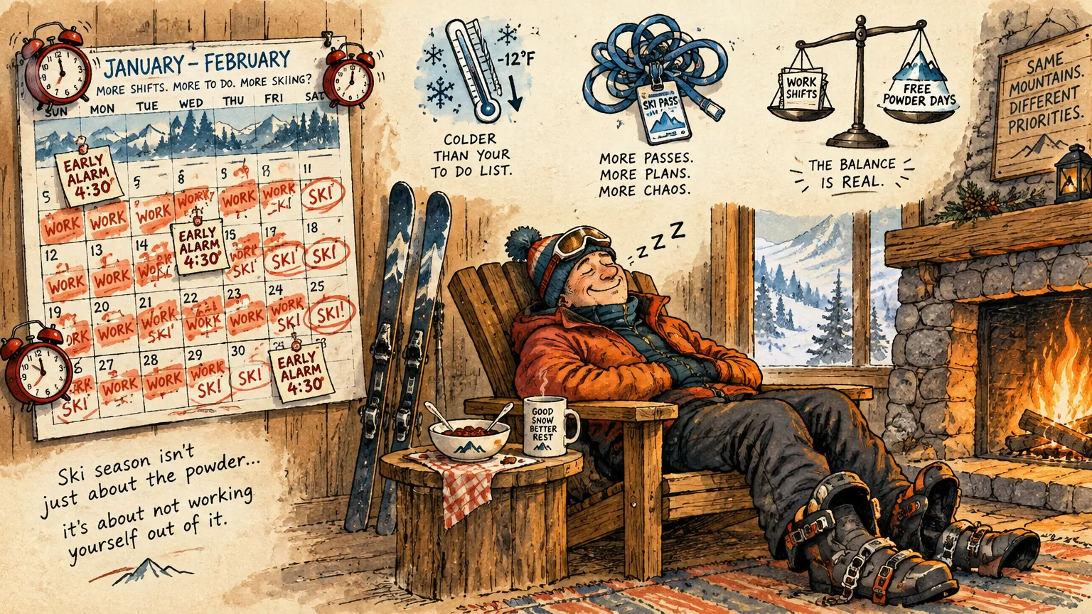 Illustration of an exhausted skier sleeping in a chair by a fireplace beside a crowded work calendar and alarm clocks.