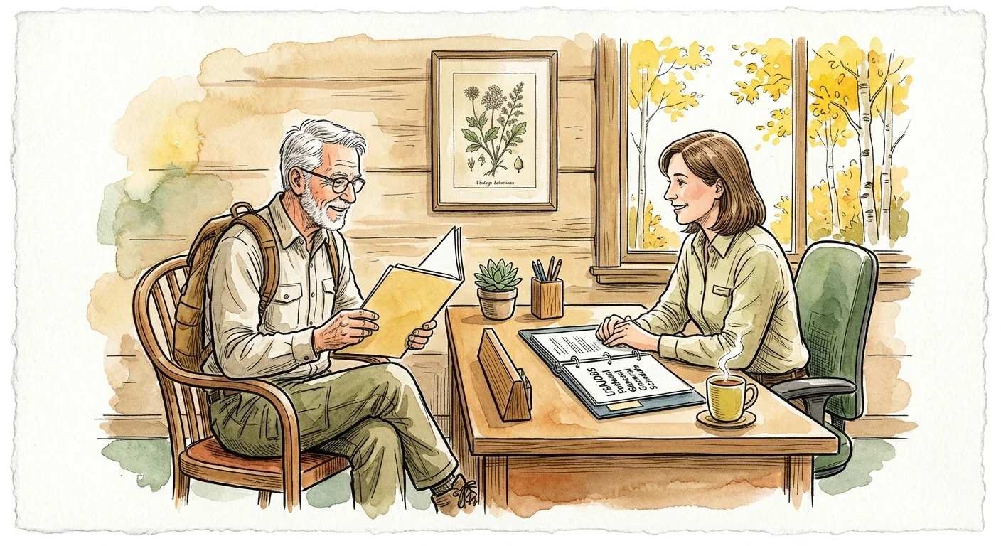 Watercolor illustration of an older man seated across a desk from a park ranger reviewing paperwork in a rustic office.