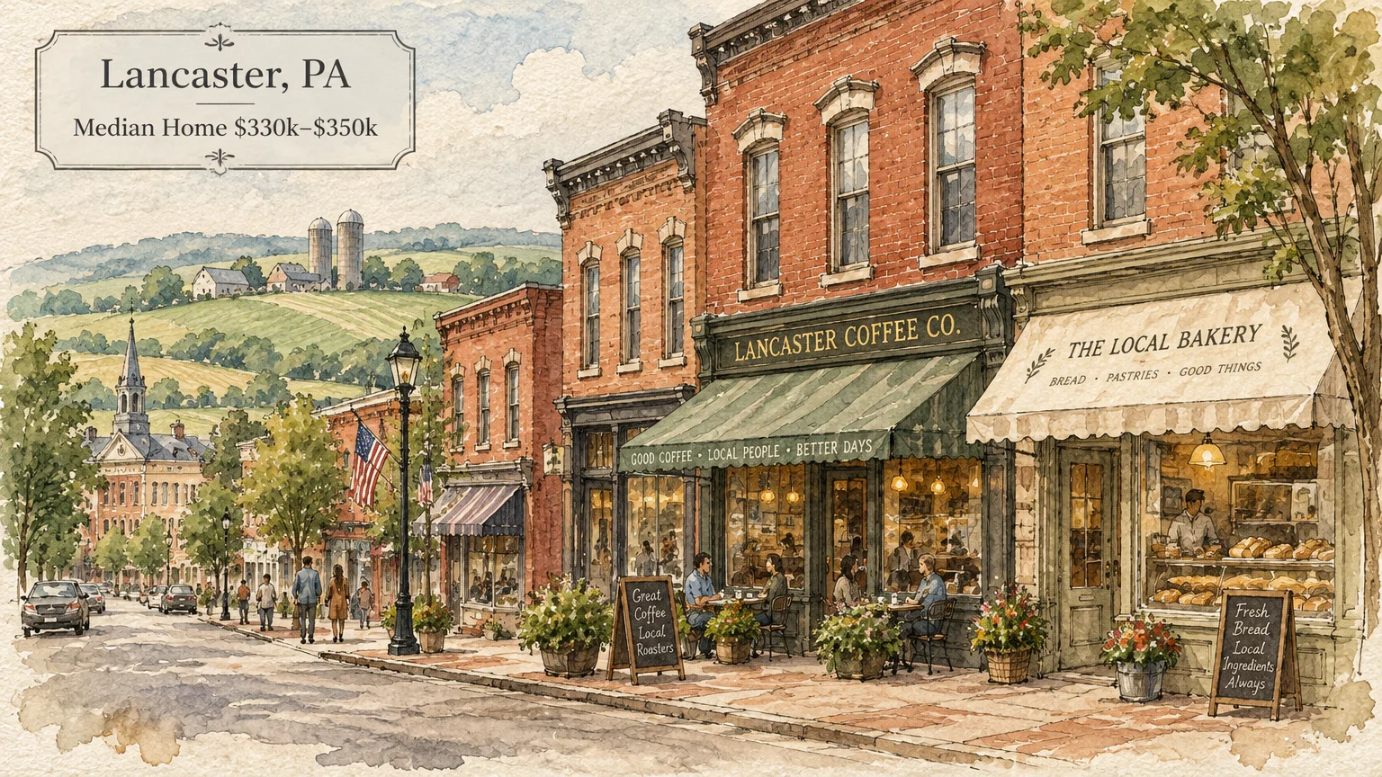 Watercolor illustration of a brick main street with a coffee shop, bakery, and rolling green hills in the distance.
