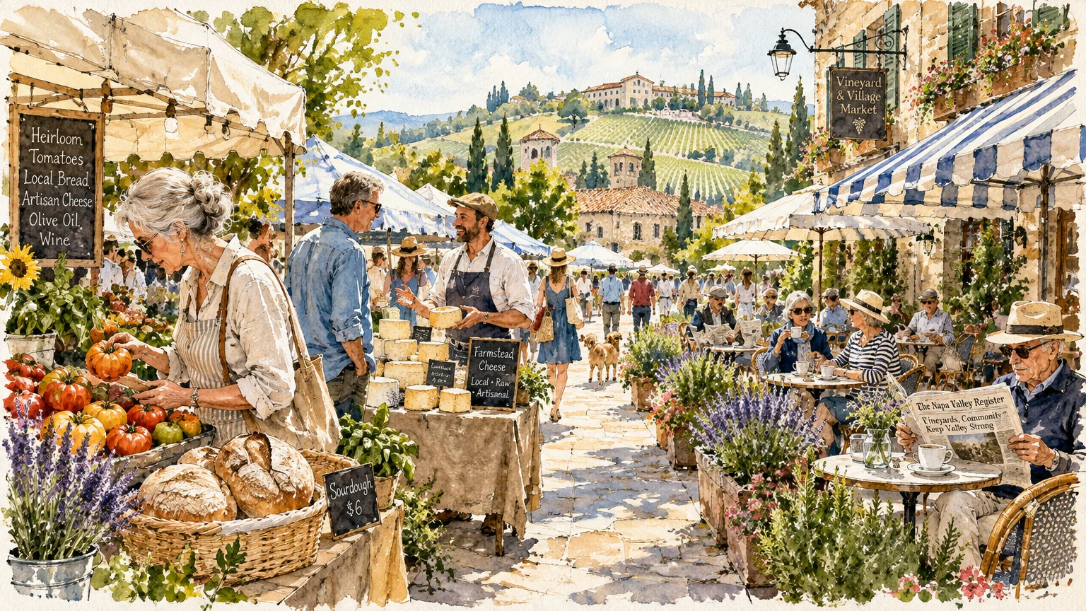 Watercolor illustration of an outdoor village market with food stalls, cafe seating, and vineyard hills in the distance.