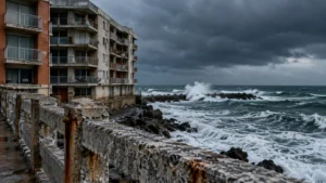 Weathered apartment building on a rocky coast with rough ocean waves crashing under dark stormy skies.
