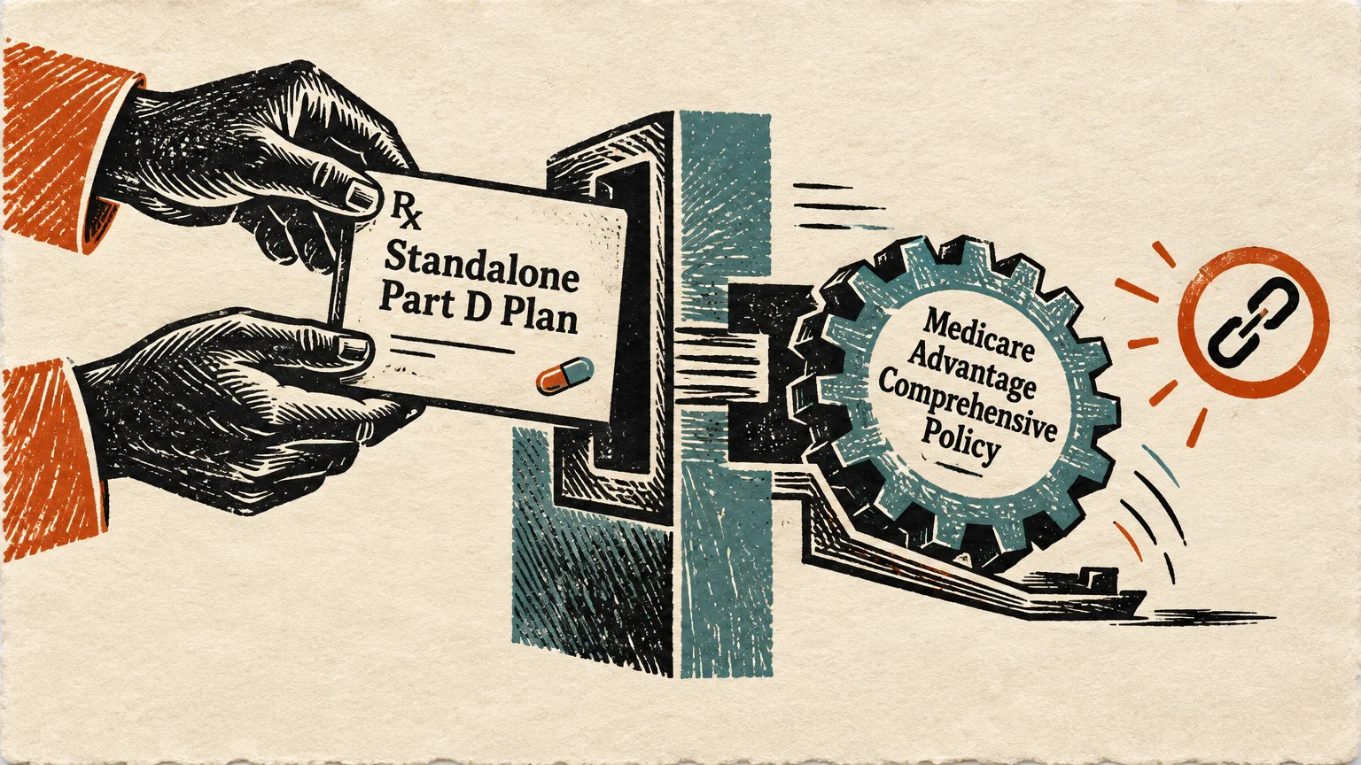 Illustration of hands inserting a Standalone Part D card into a machine that dislodges a Medicare Advantage gear.