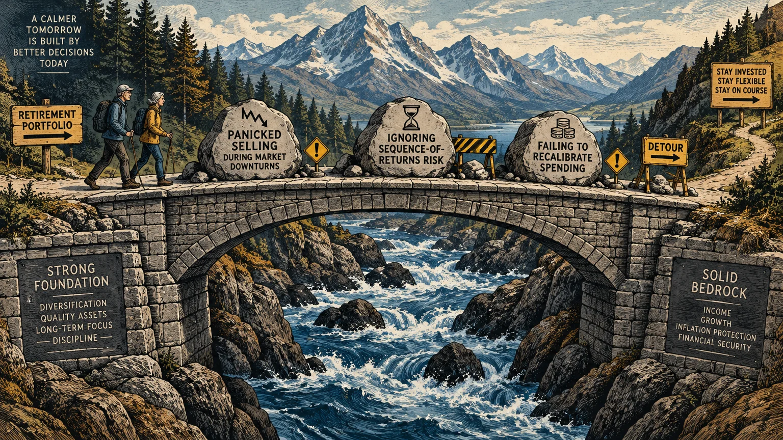 Illustration of two hikers crossing a stone bridge obstructed by large boulders labeled with retirement mistakes.