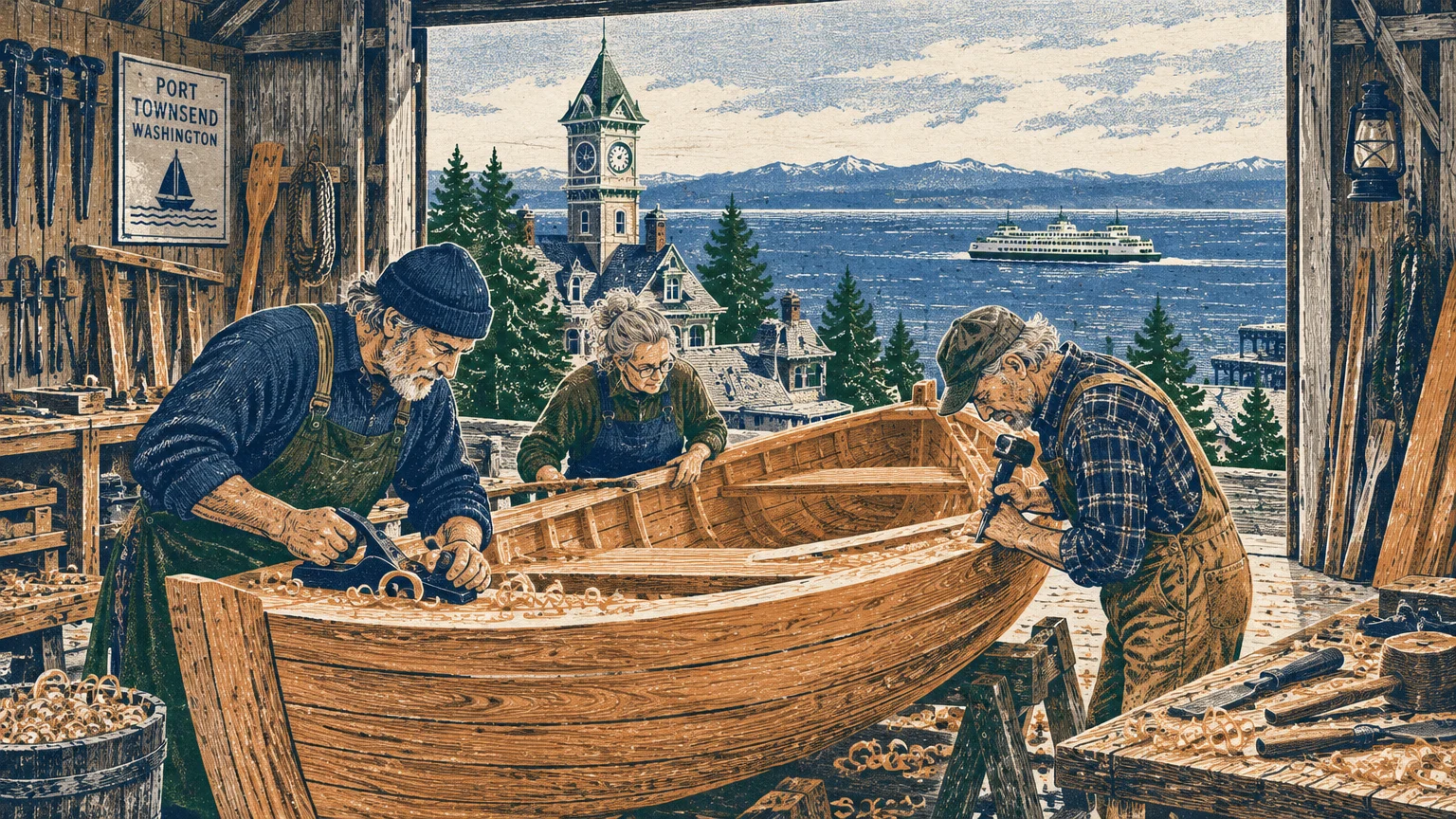 Illustration of three people building a wooden boat in a workshop overlooking Port Townsend, water, and a ferry.