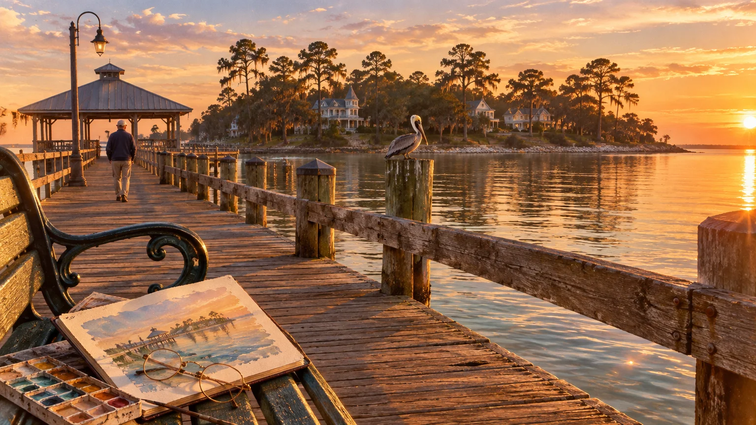 Watercolor pad and glasses on a pier bench at sunset overlooking water, a perched pelican, and shoreline houses.