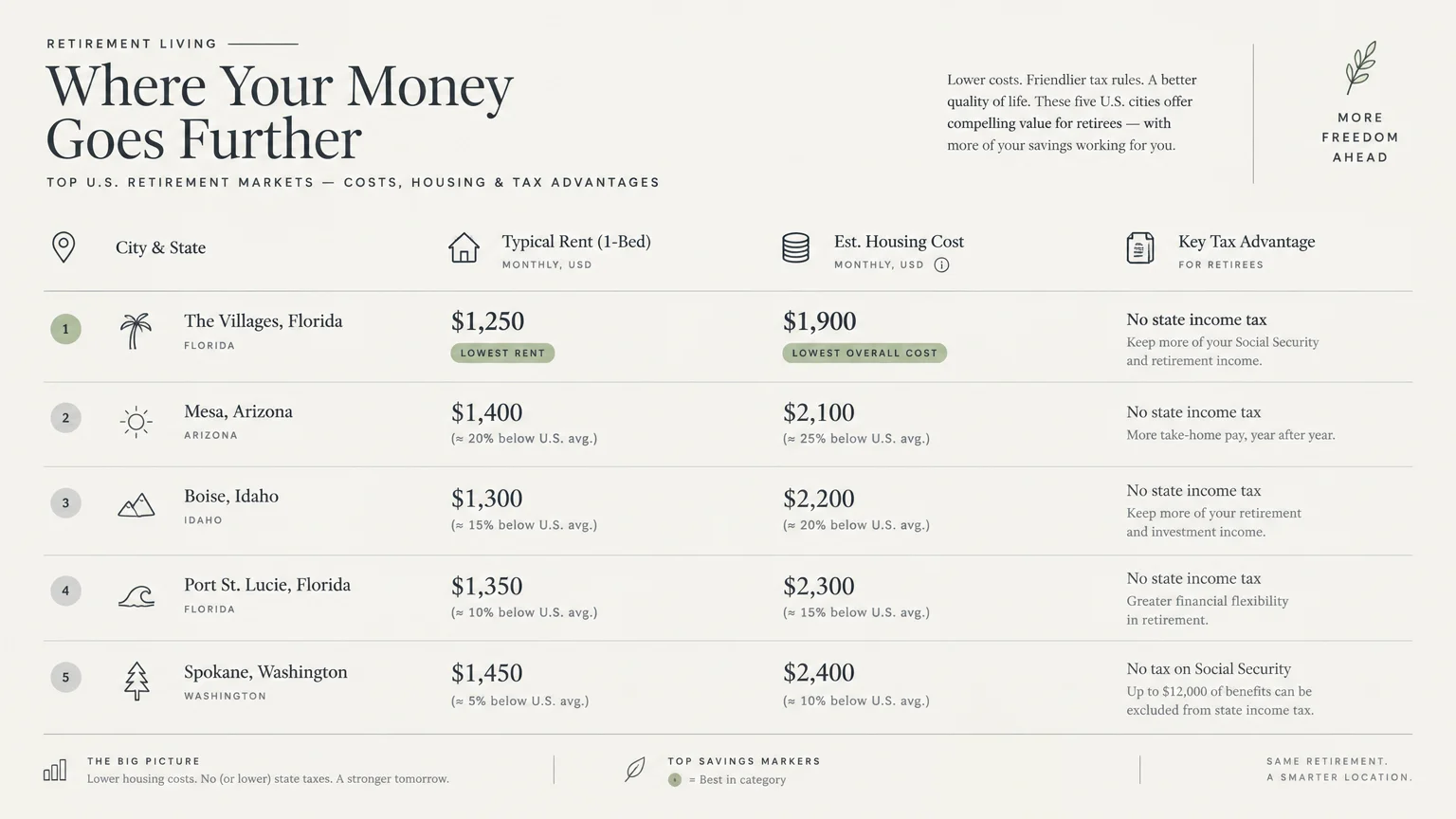 Table comparing typical rent, estimated housing cost, and tax advantages for five U.S. retirement cities.