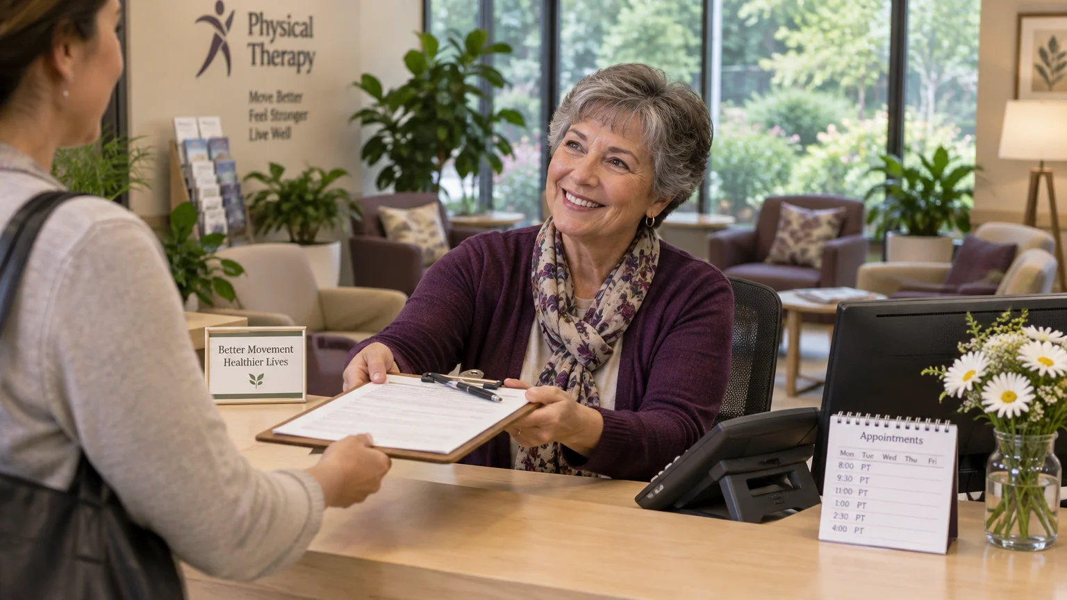 A smiling mature receptionist at a physical therapy clinic desk hands a clipboard and pen to an arriving patient.