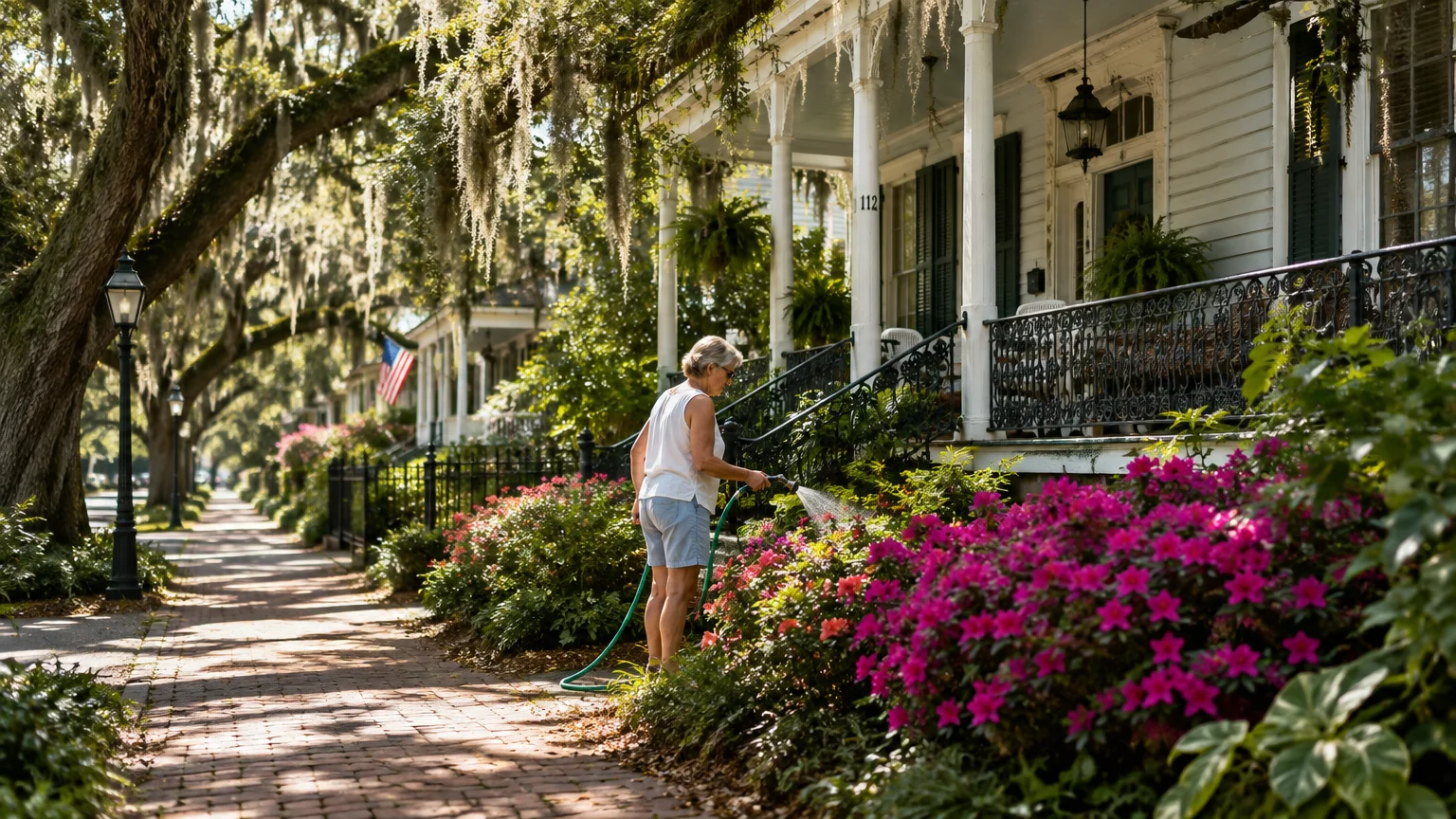 Woman watering pink flowers along a brick sidewalk outside a historic Southern home shaded by mossy oak trees.