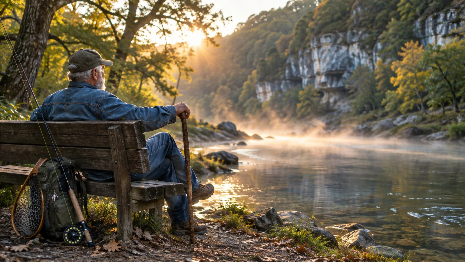 Older man sitting on a wooden bench holding a walking stick beside a misty river and rocky cliffs at sunrise.