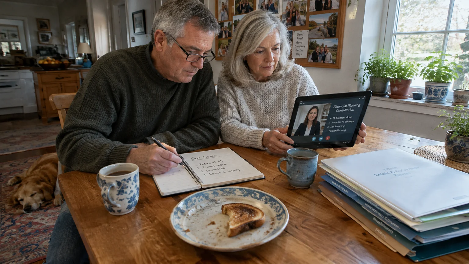 Mature couple sitting at a wooden dining table watching an online financial planning consultation on a tablet.