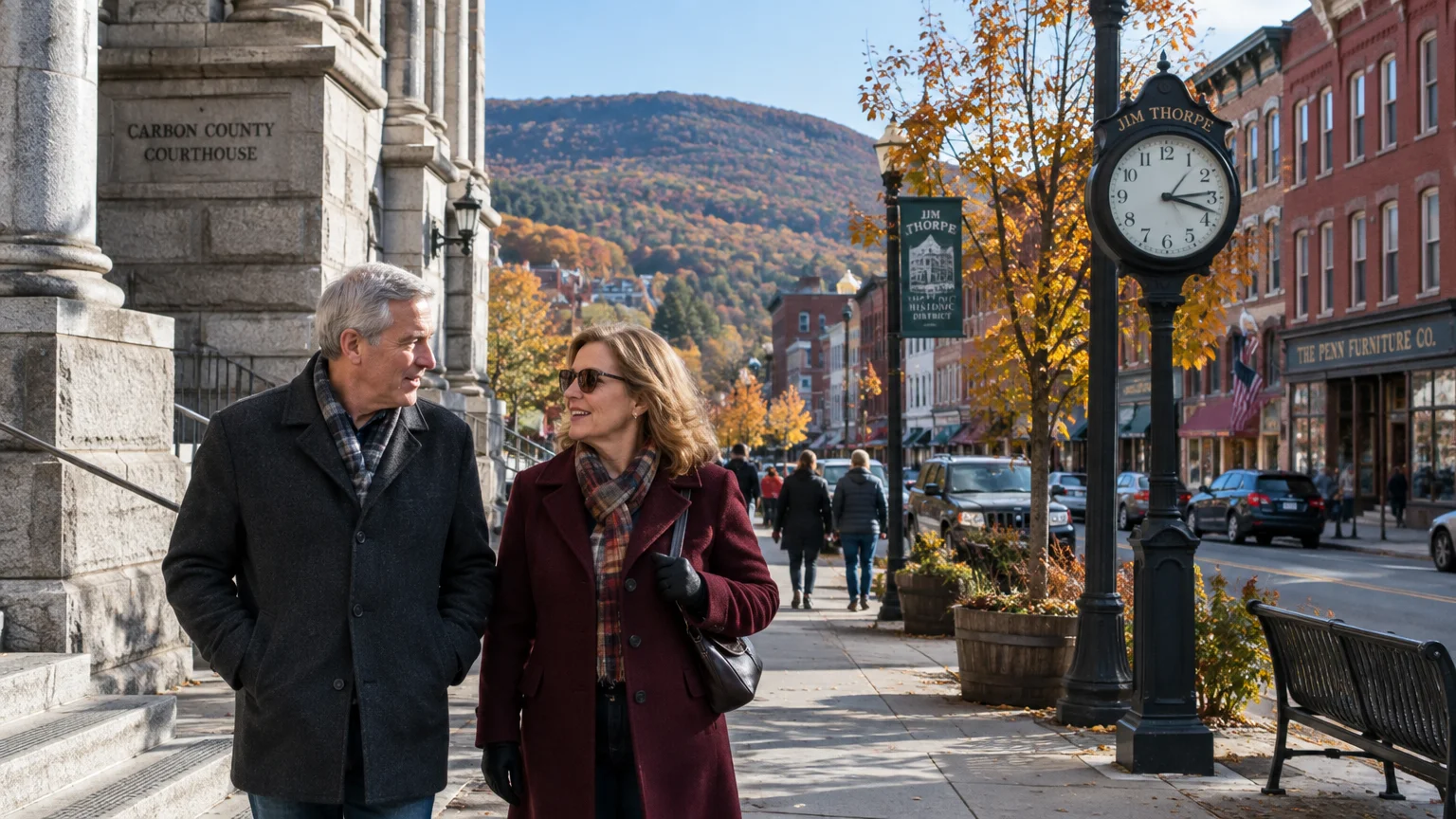 Senior couple walking down a sunny historic street past a street clock and stone courthouse with autumn trees.