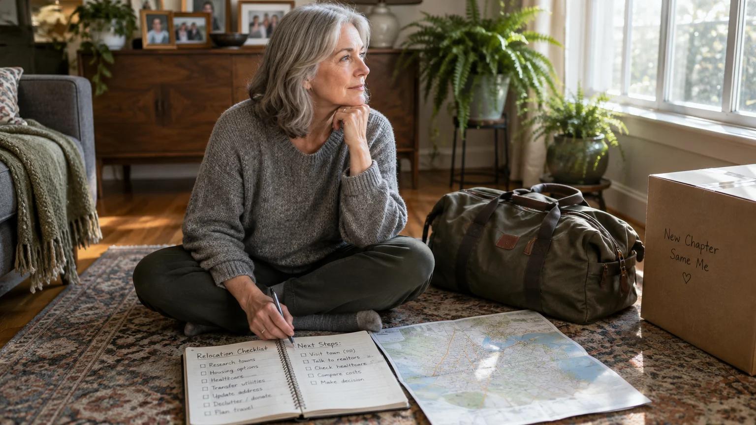 Woman sitting cross-legged on a rug with a relocation checklist notebook, a map, a duffle bag, and a moving box.