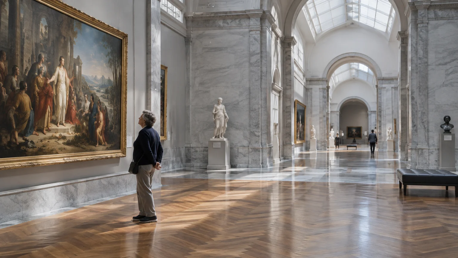 A visitor gazes at a large classical painting in a grand, marble-arched art museum gallery with polished floors.