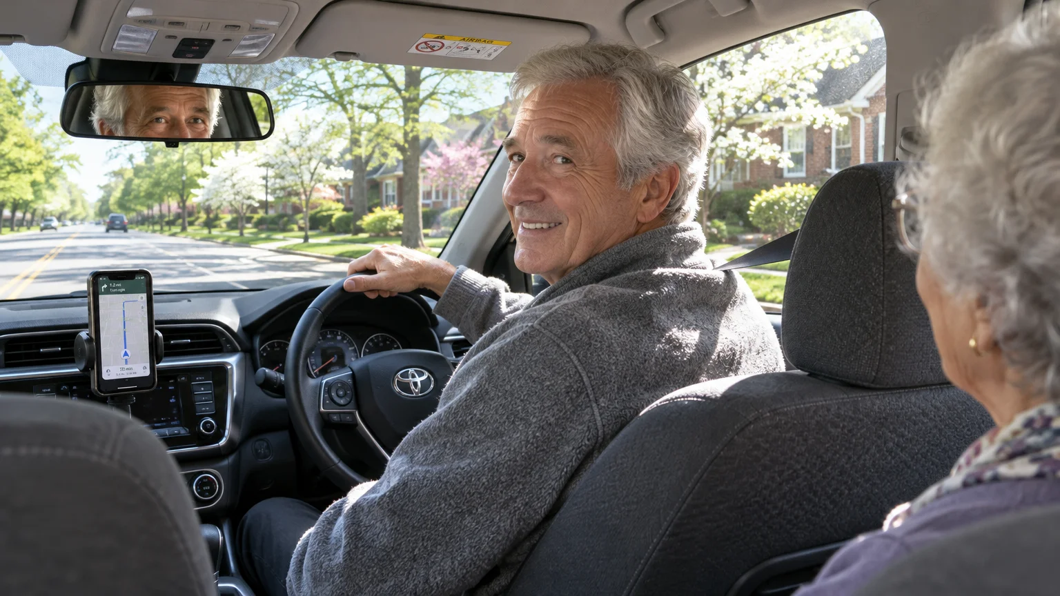 A smiling senior man driving a car turns back to speak with an elderly female passenger in the backseat.