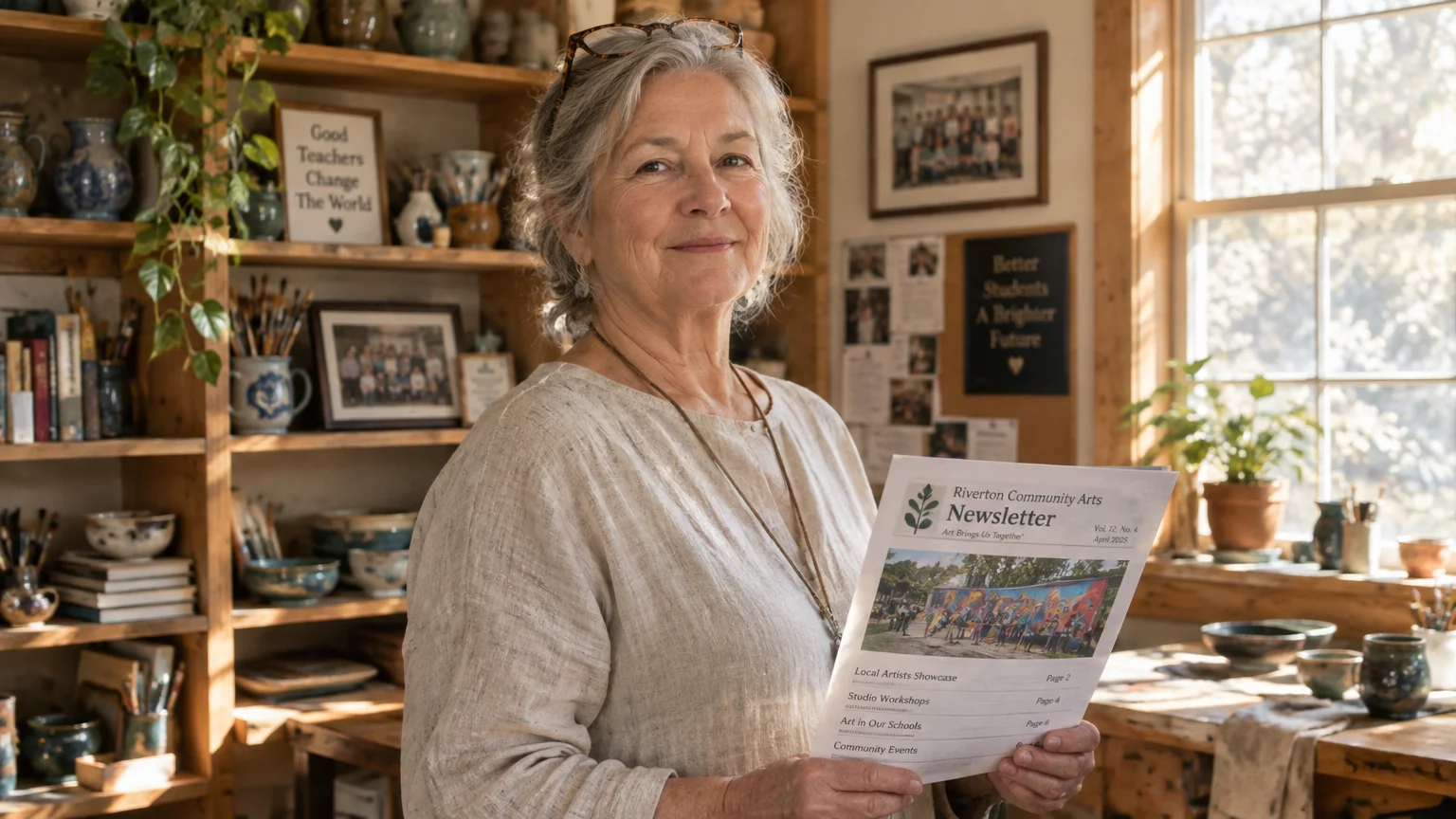 Smiling older woman holding a community arts newsletter in a pottery and art studio with shelves of ceramics.