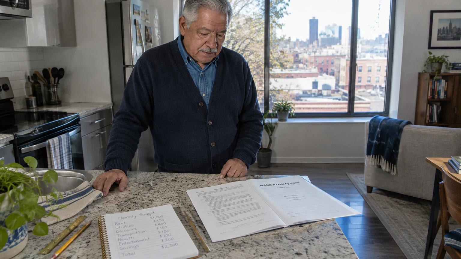 Older man reviewing a residential lease agreement and handwritten monthly budget on a kitchen counter near a city window.