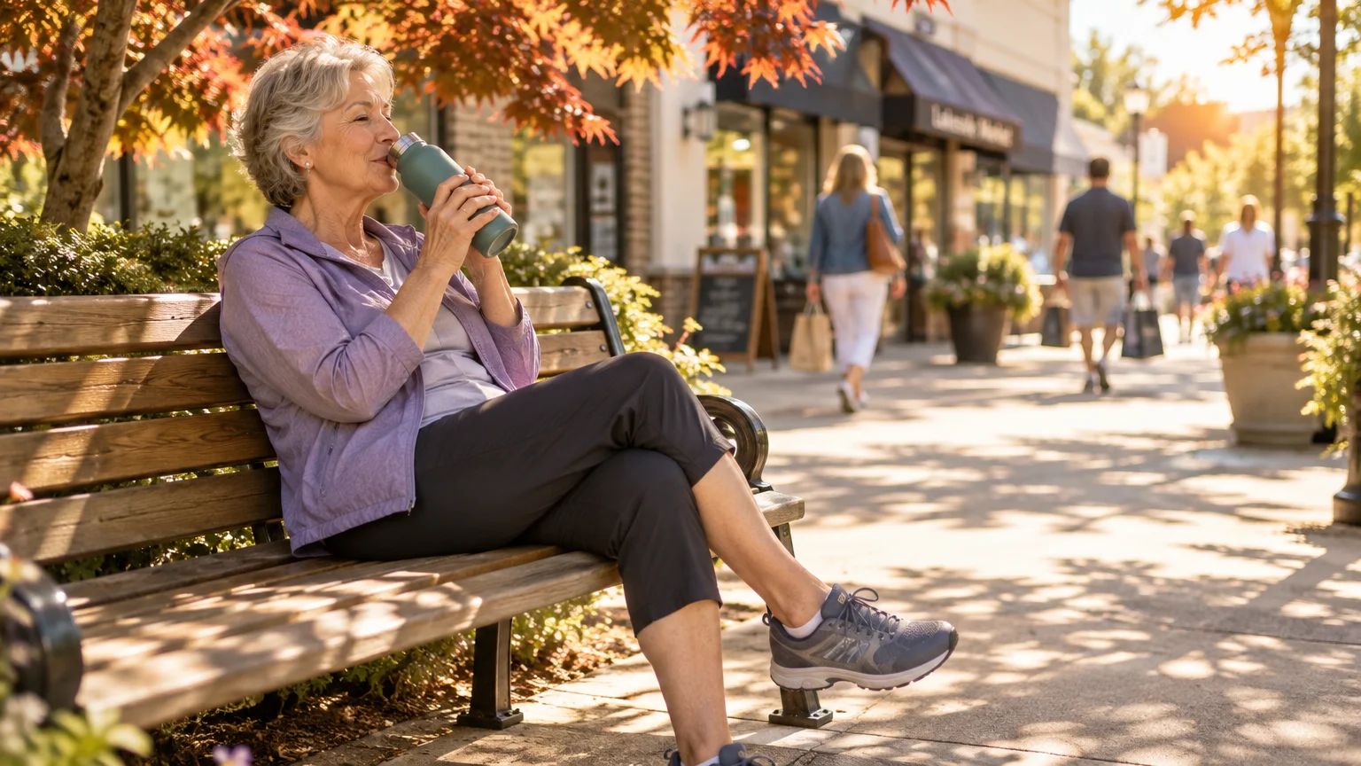 Older woman sitting on a wooden bench along a sunny shopping street, drinking from a reusable water bottle.