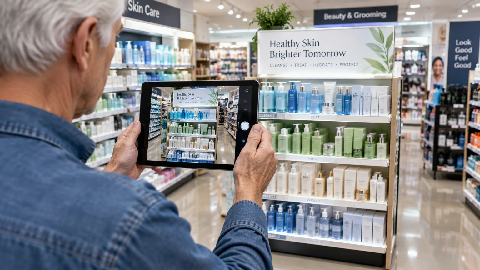 A man holding a tablet computer to photograph a retail skincare shelf display inside a store aisle.