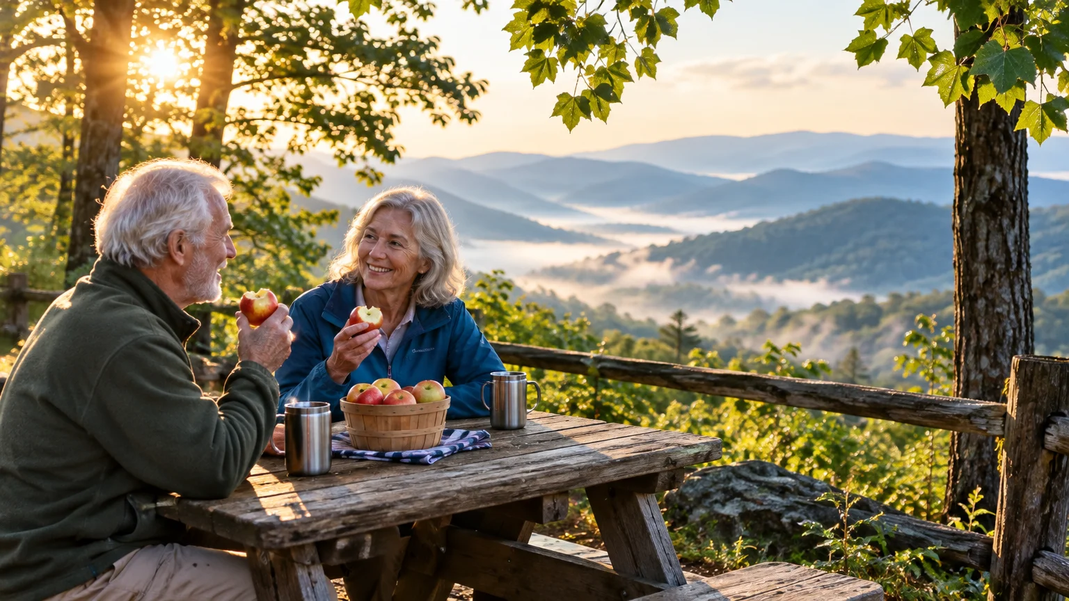 Older couple eating apples at a wooden picnic table overlooking misty green mountain ranges at sunrise.
