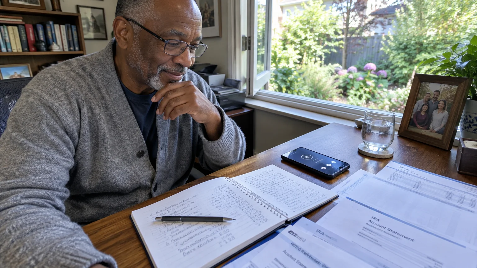 Man in glasses reviewing handwritten notes, IRA statements, and a smartphone at a desk by an open window.