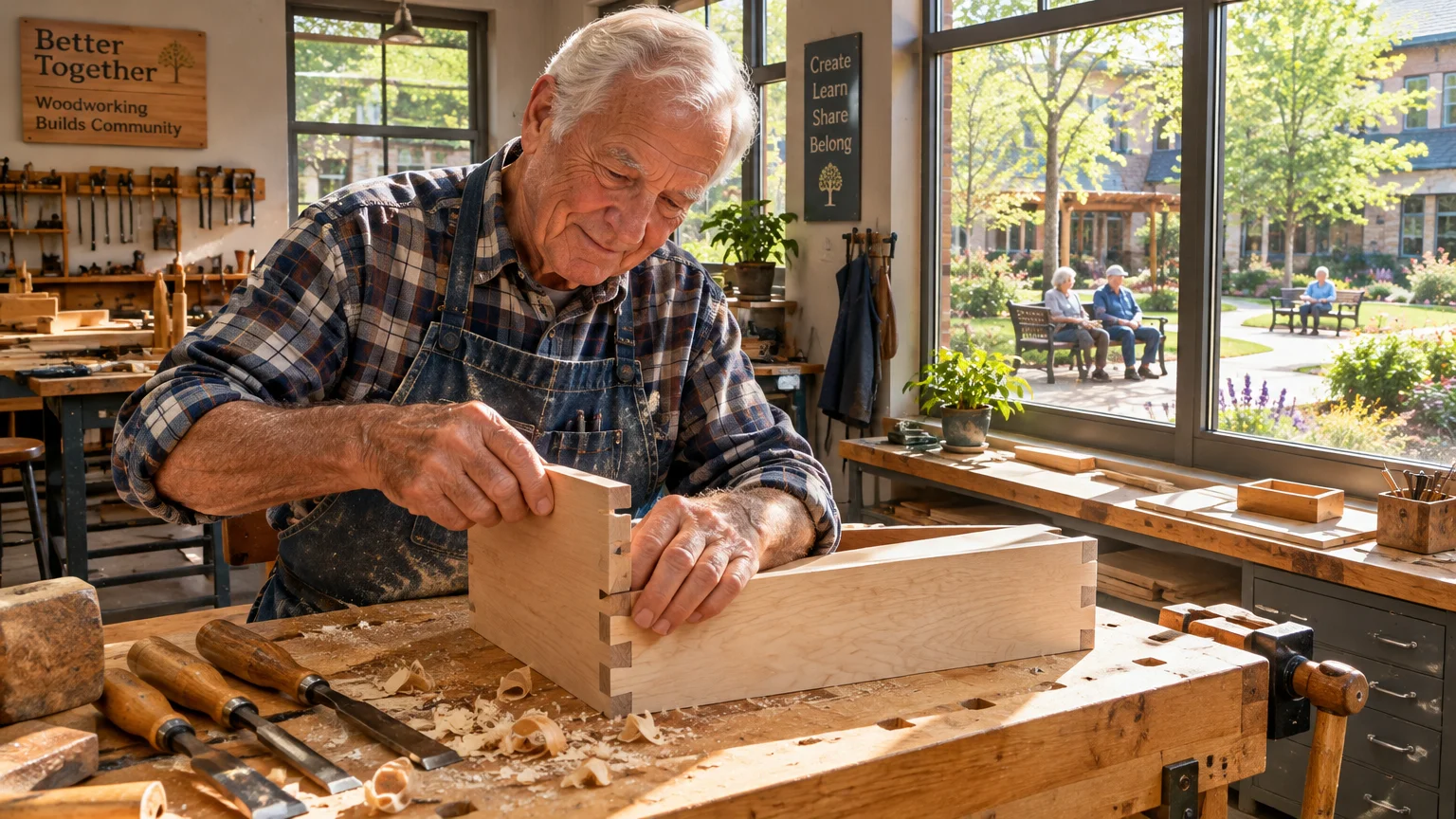 An older man crafts a wooden drawer at a workbench in a sunlit workshop overlooking a landscaped courtyard.