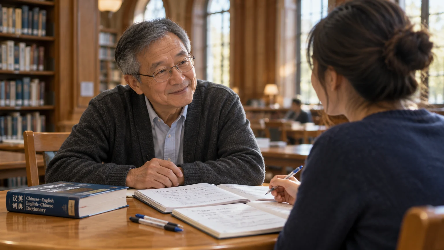 A senior Asian man with glasses listens attentively to a young woman writing in a notebook at a wooden library table.