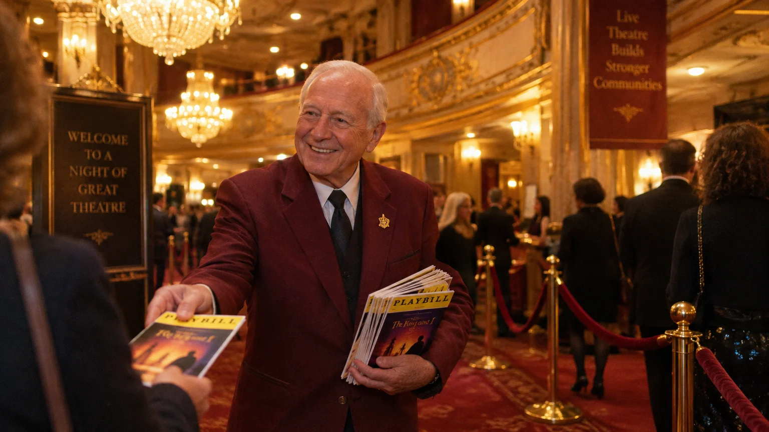 A smiling senior usher in a burgundy blazer hands Playbill programs to guests in an ornate theater lobby.