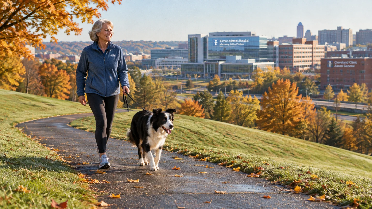 Woman walking a border collie along a paved park path overlooking autumn trees and hospital buildings.