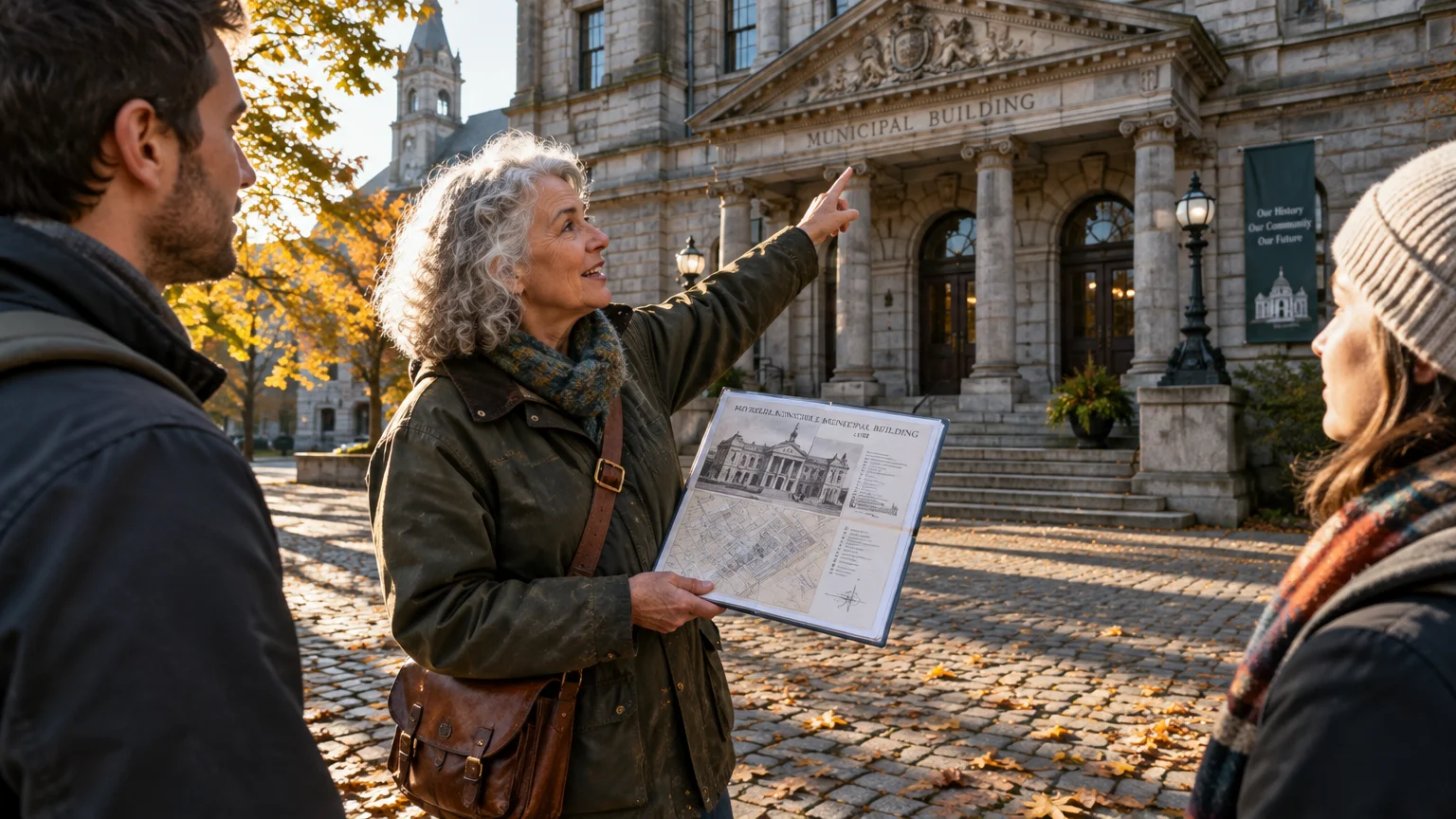 A smiling woman holds a historical document while pointing toward a stone municipal building for two tour listeners.