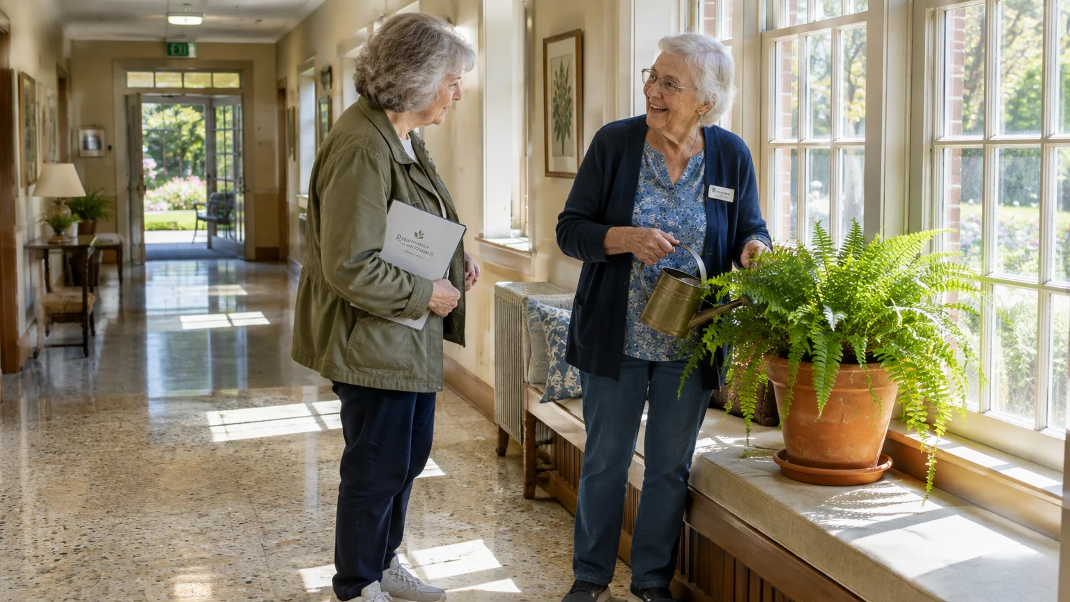 Two senior women talking in a bright hallway beside large windows while one waters a potted fern.