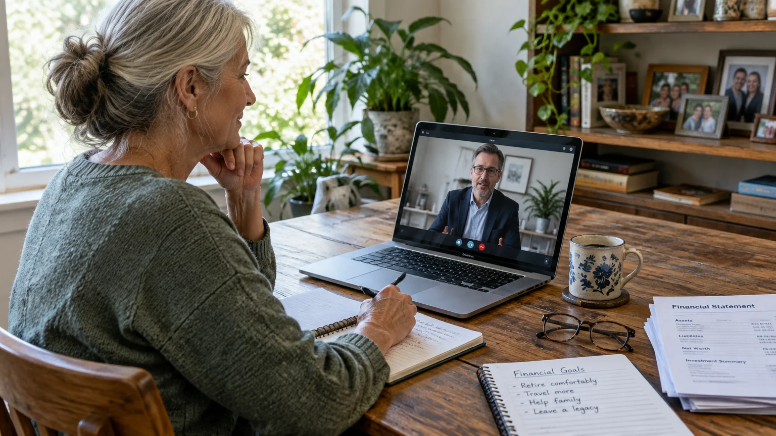 A woman sits at a wooden desk taking notes during a video consultation on her laptop with a financial professional.