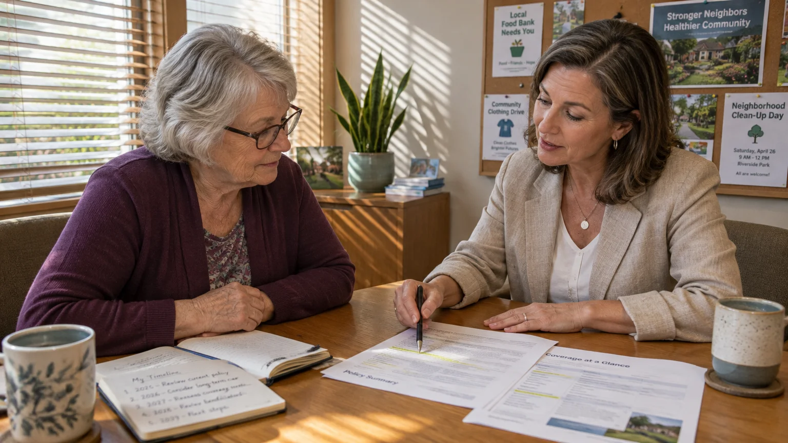 A professional in a blazer reviews insurance policy paperwork at a table with an older woman taking notes.
