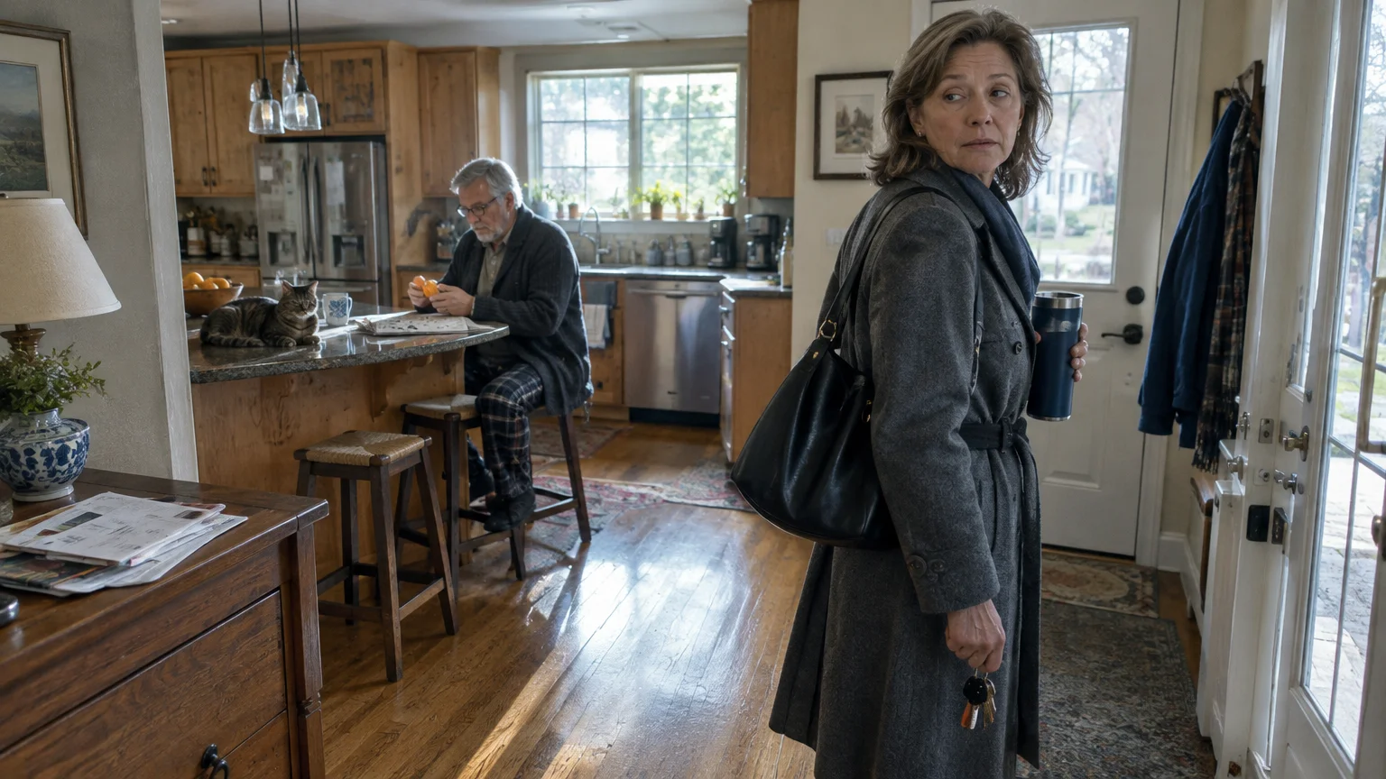A woman in an overcoat holds keys near an open door, glancing back at a man sitting at the kitchen island.