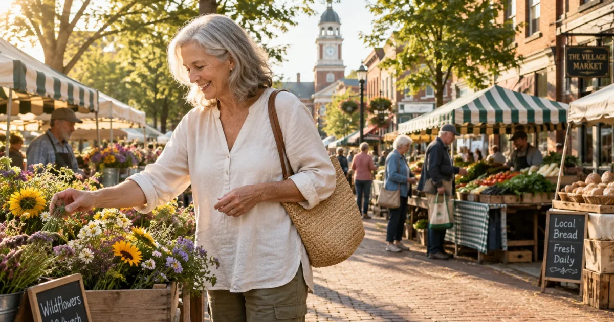 Senior woman browsing fresh flowers at an outdoor street market with striped vendor tents and shoppers.
