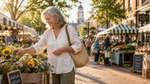 Senior woman browsing fresh flowers at an outdoor street market with striped vendor tents and shoppers.