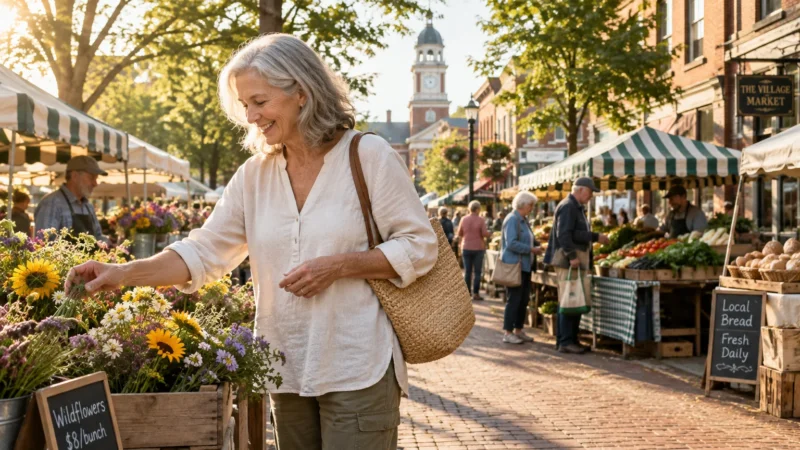 Senior woman browsing fresh flowers at an outdoor street market with striped vendor tents and shoppers.