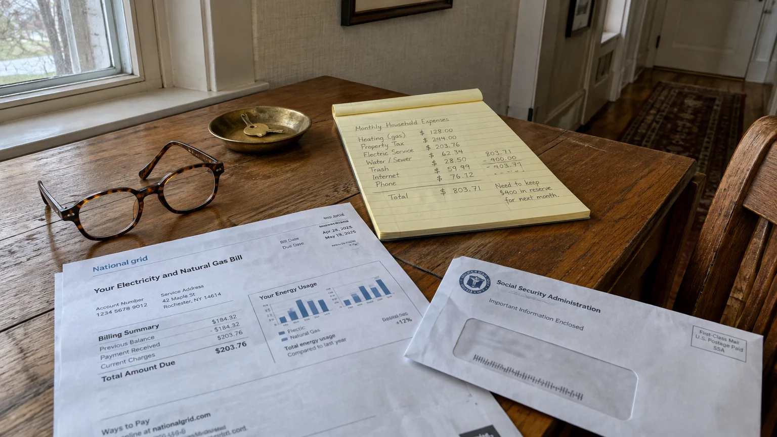 Eyeglasses, a utility bill, an envelope from Social Security, and a notepad listing monthly expenses on a wooden table.